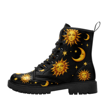 Statement Celestial Print Black Lug Sole Boots for Astrology and Night Sky Lovers - BOOTS-26025221-8