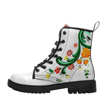 Folk Art Botanical Vine Combat Boots – Women's Floral Scrollwork White Lug Sole Boots - BOOTS-26025197-10