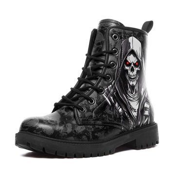 Hooded Skeleton Assassin Combat Boots - Glowing Red Eyes Reaper Shoes BOOTS-240270012