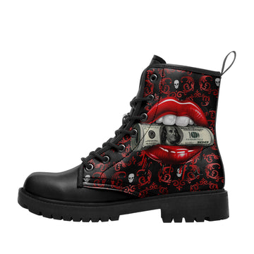 Money Lips & Red Baroque Skulls Combat Boots - 100 Dollar Bill Mouth Shoes BOOTS-24025002-8