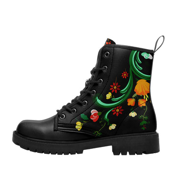 Folk Art Botanical Vine Combat Boots – Women's Floral Scrollwork Black Lug Sole Boots - BOOTS-26025197-11