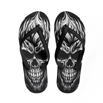 Toponepod Black Flame Skull Flip Flops | Custom Gothic Sandals with Grinning Demon Skull Art in Black & White For Men and Women | FN058-25023046-5