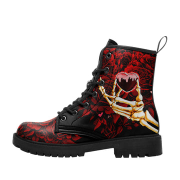 Skeleton Hand Holding Bleeding Heart Combat Boots - Gothic Red Rose Pattern BOOTS-24023007-2