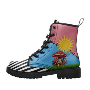 Mushroom Sun Graphic 8-Eyelet Combat Boots, Vegan Leather Look, Black Lug Sole - 058-6-24020251-3