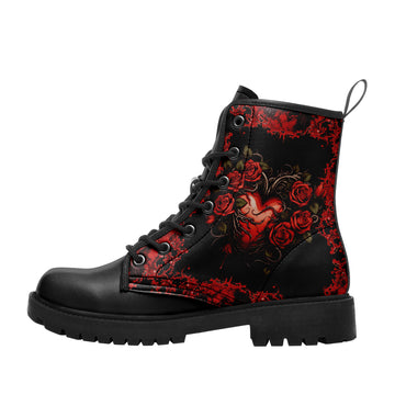 Gothic Red Roses & Thorns Heart Combat Boots - Dark Romance Grunge Footwear BOOTS-24025002-10