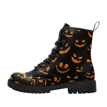 Jack-o'-Lantern Faces Pattern Combat Boots - Classic Halloween Print Shoes BOOTS-24025002-7