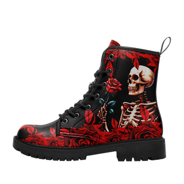 Gothic Skeleton Holding Red Rose Combat Boots - Dark Romance Floral Shoes BOOTS-24023007-5