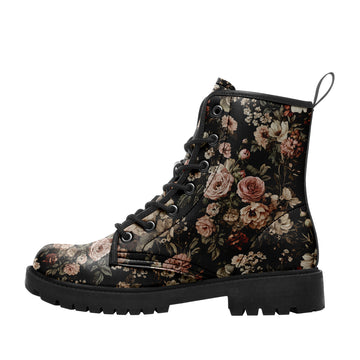 Dark Vintage Rose Print 8-Eyelet Boots with Chunky Lug Sole - 058-6-25009034-1