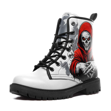 White Combat Boots with Red Hooded Skeleton - Urban Reaper Streetwear Shoes BOOTS-24027007