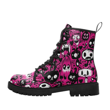 Hot Pink Doodle Monster Combat Boots - Quirky Sketch Art Shoes 058-6-25009075-3