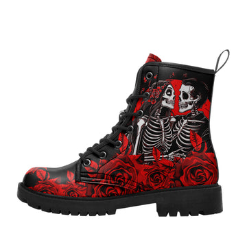 Skeleton Couple Kissing Red Rose Combat Boots - Gothic Wedding Lovers Shoes BOOTS-24023007-4