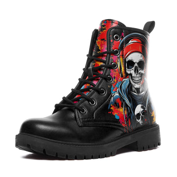 Colorful Graffiti Skull with Headphones Combat Boots - Music Lover DJ Shoes BOOTS-24027006