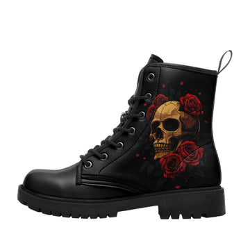 Classic Golden Skull & Red Roses Combat Boots - Traditional Tattoo Art Shoes 058-6-25009073-1