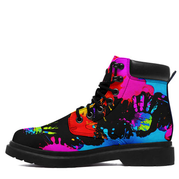 Custom Neon Graffiti Work Boots with Multicolor Paint Splashes, Handprint Artwork, Padded Collar and Black Lug Sole - 1921-26025198-7