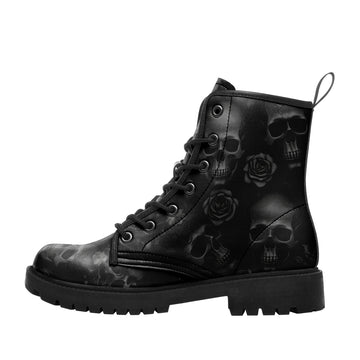 Black on Black Skull & Rose Combat Boots - Dark Shadow Gothic Floral Shoes BOOTS-25025054-8