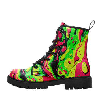 Neon Green & Pink Slime Drip Combat Boots - Psychedelic Melt Shoes 058-6-25009075-7