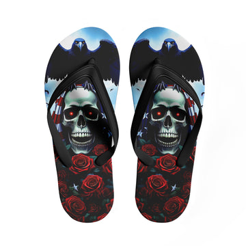 Toponepod Skull Raven Flip Flops | Custom Red Rose Gothic Sandals with American Flag & Dark Skull Art | FN058-25023046-6