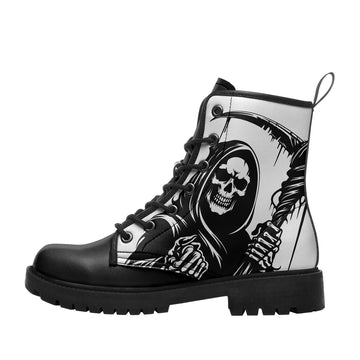 White Grim Reaper with Scythe Combat Boots - Black Ink Skeleton Death Shoes BOOTS-25025054-2