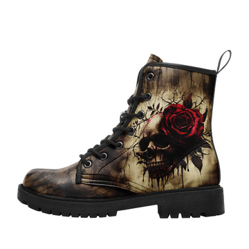 Distressed Sepia Skull & Red Rose Combat Boots - Vintage Grunge Art Shoes 058-6-25009073-3