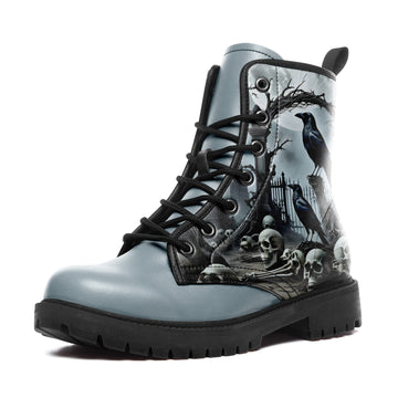 Toponepod Black Raven and Skull Combat Boots | Gothic Haunted Graveyard Art Print Boots | BOOTS-25027041-4