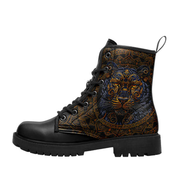 Golden Mandala Lion Head Combat Boots - Spiritual Blue & Gold Shoes BOOTS-25027107-2