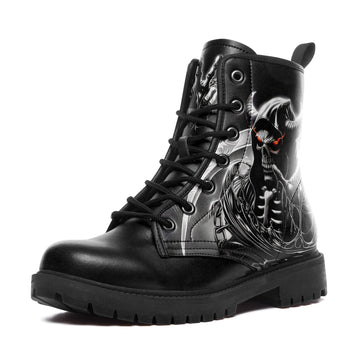 Toponepod Black Demon Skull Combat Boots | Gothic Horned Reaper Boots with Red Eyes | BOOTS-25027041-7