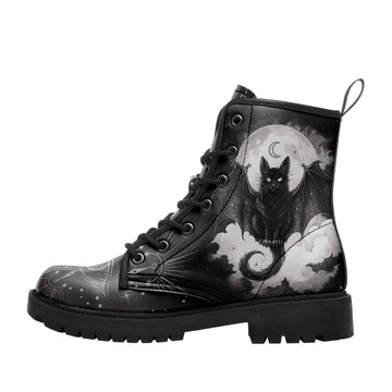 Gothic Bat Winged Black Cat & Moon Combat Boots - Mystic Eye Occult Shoes BOOTS-25023135-3