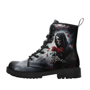 Grim Reaper in Grey Mist with Red Roses Combat Boots - Dark Fantasy Shoes 058-6-25009073-7