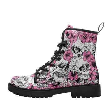 White Floral Skull Combat Boots - Pink Hibiscus Skeleton Shoes BOOTS-24025002-9