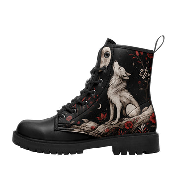 Howling White Wolf & Moon Floral Combat Boots - Wildlife Nature Art Shoes BOOTS-25023135-9