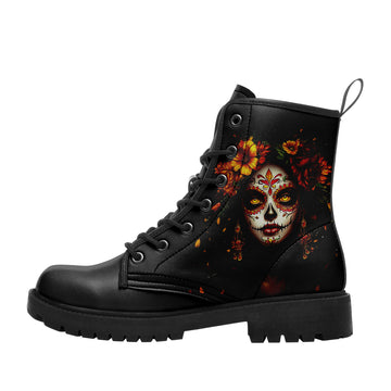 La Catrina Sugar Skull Woman Combat Boots - Day of the Dead Marigold Shoes 058-6-25009040-7