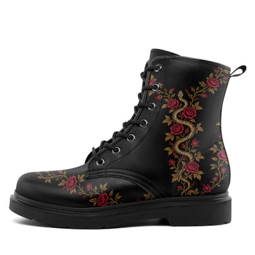 Customizable Serpent Garden Boots with Personalized Rose Artwork, Black Lace-Up Combat Boots for Alternative Style - 058-6-26006349-3