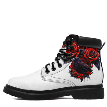 Personalized Padded Collar Work Boots with Gothic Raven and Red Rose Print, White Upper, Black Laces and Lug Sole - 1921-26025198-3