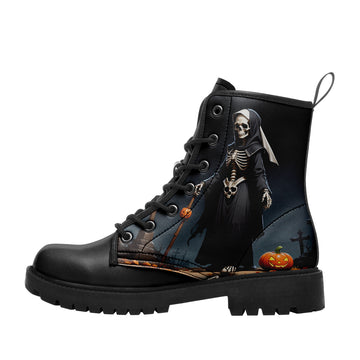 Gothic Grim Reaper & Pumpkin Combat Boots - Spooky Skeleton Halloween Footwear BOOTS-24025002-5
