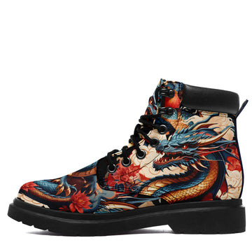 Personalized Work Boots with Blue and Gold Dragon Print, Padded Collar, Black Laces and Chunky Lug Sole - 1921-26025198-12