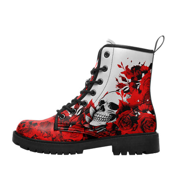 Blood Red Rose & Skull Combat Boots – Women's Gothic Floral Lace-Up Lug Sole Boots - BOOTS-26025197-17