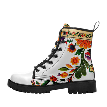 Slavic Folk Art Floral Combat Boots – Women's Lace-Up White Lug Sole Ankle Boots (Custom Available) BOOTS-26025197-5