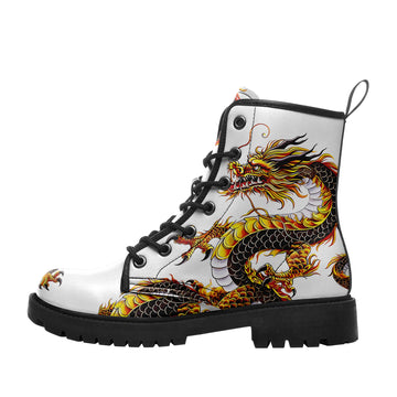 Japanese Golden Dragon Tattoo Combat Boots – Asian Mythical White Lug Sole Boots - BOOTS-26025197-12