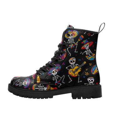 Dancing Skeleton Mariachi Band Combat Boots - Mexican Fiesta Music Shoes 058-6-25009040-4