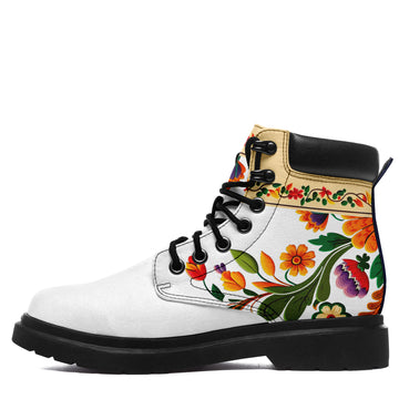 Personalized Padded Collar Work Boots with Colorful Floral Folk Art Print, White Upper, Black Laces and Lug Sole - 1921-26025198-5
