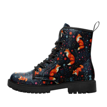 Whimsical Red Fox & Wildflower Combat Boots - Navy Blue Woodland Pattern BOOTS-25023135-1