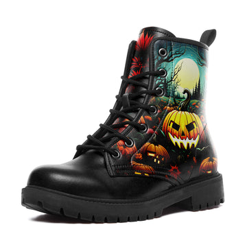 Haunted Pumpkin Patch & Full Moon Combat Boots - Spooky Jack-o'-Lantern Shoes BOOTS-24023002-2
