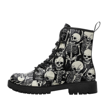 Black & White Skeleton Pile Combat Boots - All-Over Skull Pattern Footwear BOOTS-25025054-3