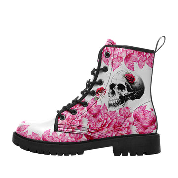 Pastel Goth Floral Skull Combat Boots – Women's Pink Peony Rose Lace-Up Ankle Boots - BOOTS-26025197-8
