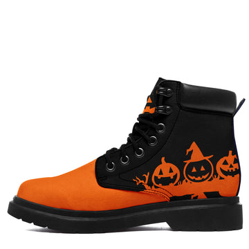 Personalized Halloween Work Boots, Orange Pumpkin Print Lace-Up Ankle Boots with Black Lug Sole - 1921-26025198-20