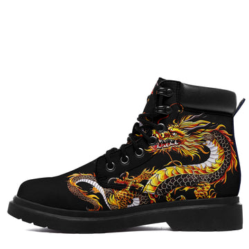 Personalized Black Work Boots with Golden Chinese Dragon Print, Padded Collar, Lace-Up Front and Chunky Lug Sole - 1921-26025198-11