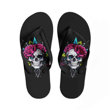 Toponepod Gothic Skull Rose Flip Flops | Custom Black Sandals with Dark Floral Skull Art for Men & Women
