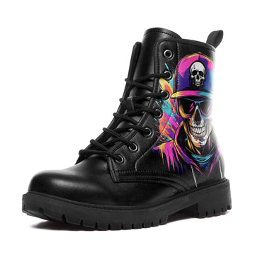 Graffiti Skull with Cap & Sunglasses Combat Boots - Urban Paint Splatter Shoes BOOTS-24027009
