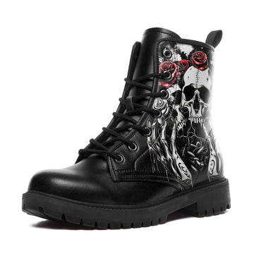 Twin Skulls & Red Roses Tattoo Combat Boots - Skeleton Hand Art Shoes BOOTS-24023001-4