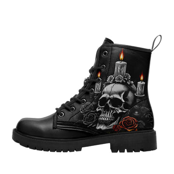 Gothic Skull & Melted Candle Wax Combat Boots - Occult Ritual Rose Shoes BOOTS-25025054-6